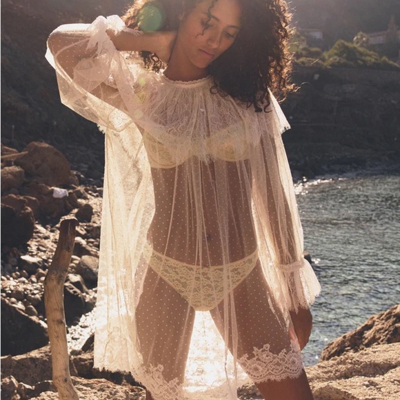 NWT Doen Lilith Lace Tulle Ruffle Collar Long Sleeve Mini Dress Crème de Lune - Picture 1 of 16